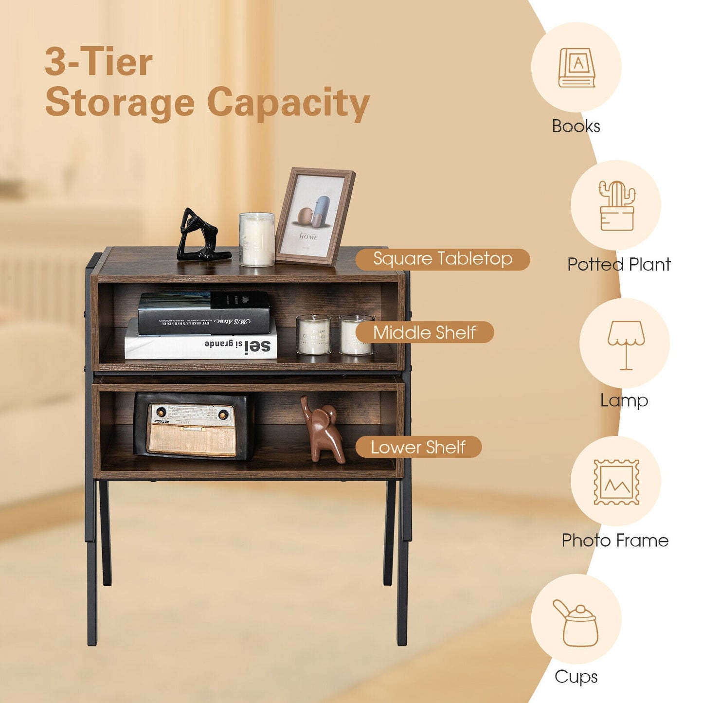 1 Piece Stackable Night Stand Shelf Accent Table with Metal Frame