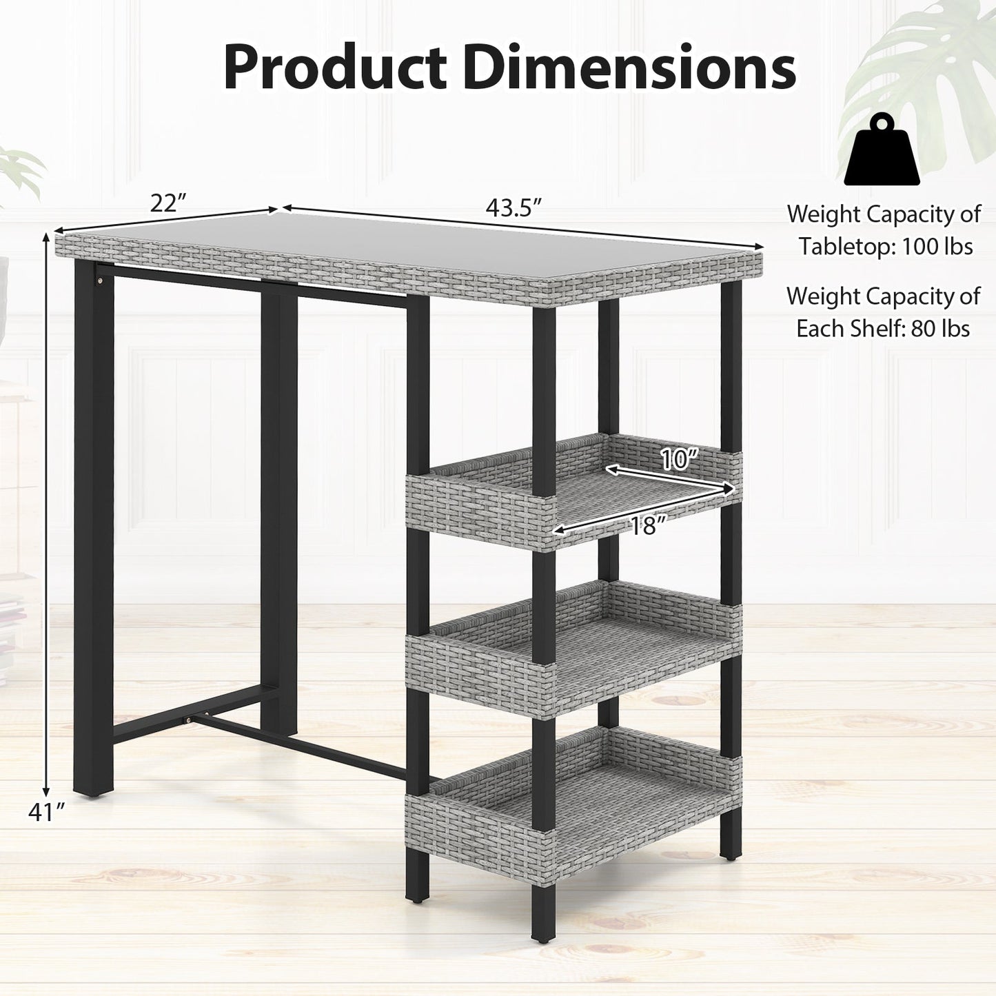 43.5 Inch Outdoor Bar Table with Tempered Glass Top
