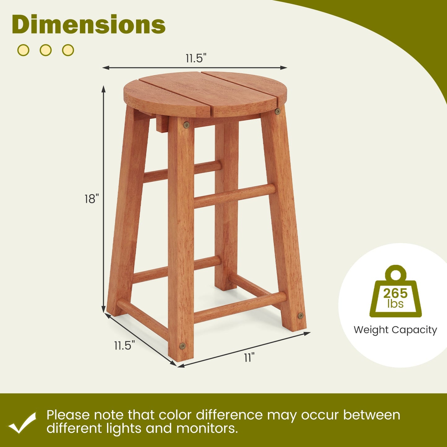 18-Inch Outdoor Wood Bar Stools Set of 2 with Round Seat and Footrest