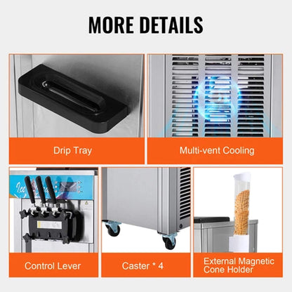 Stainless Steel Commercial 3-Flavor Soft Serve Ice Cream Machine Maker, 21-31 L/H (SAK65291)