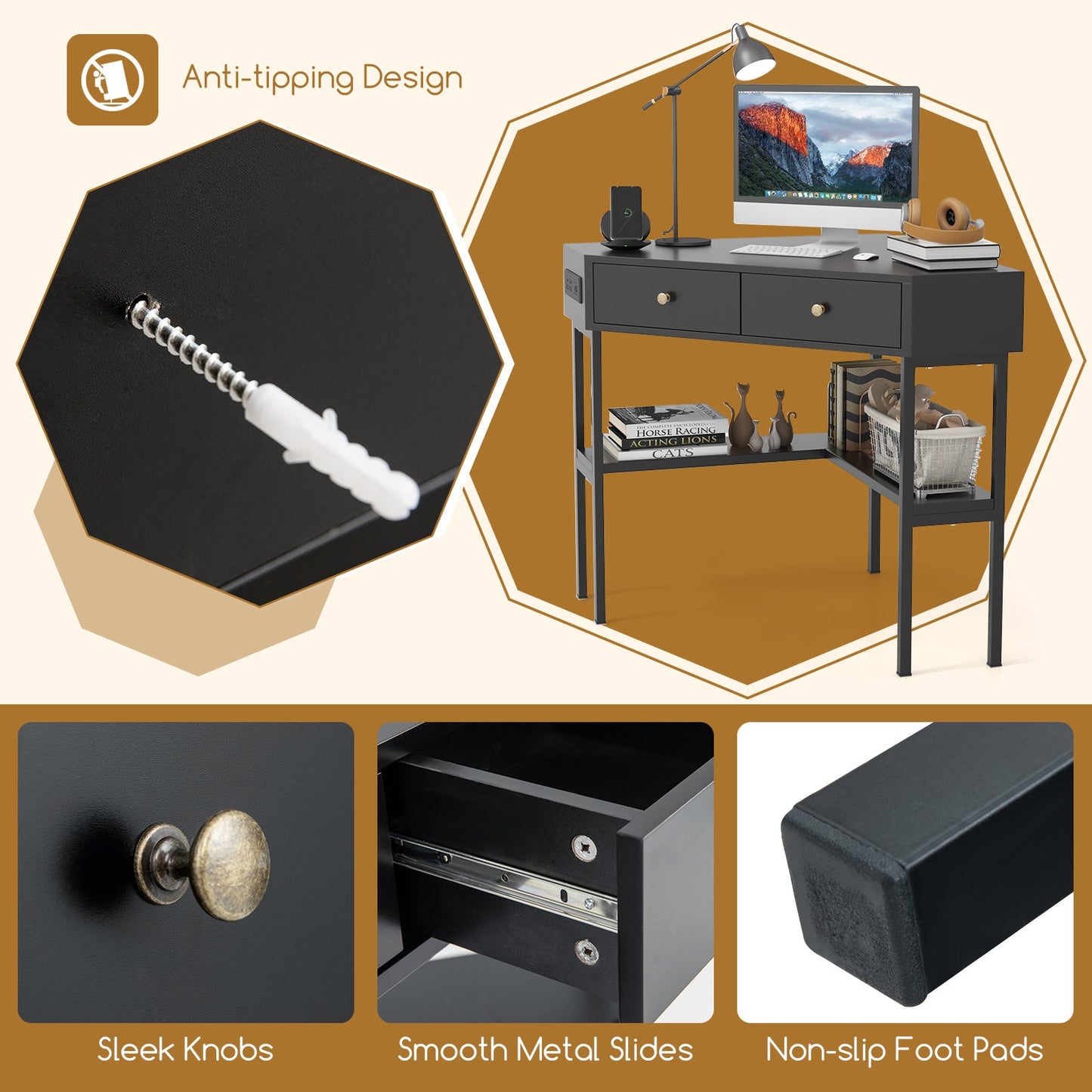 Triangle Corner Desk with Charging Station with 2 Drawers and Storage Shelf