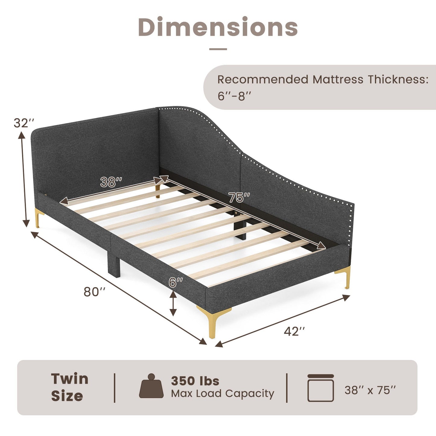 Full/Twin Size Rivet-Tufted Platform Bed with Metal Legs and Wood Slats