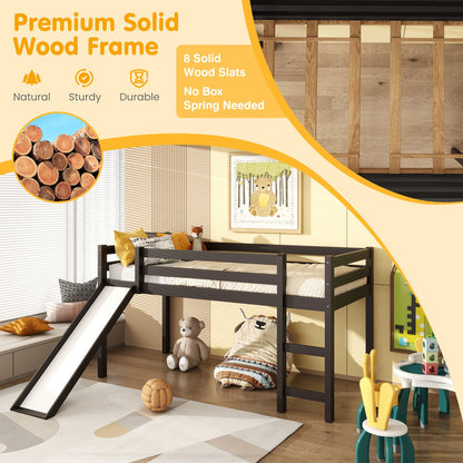 Twin Size Low Sturdy Loft Bed with Slide Wood