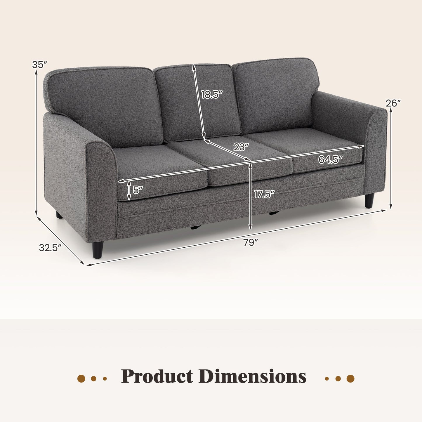 Upholstered Teddy Velvet 3-Seat Sofa with Comfy Back Pillows